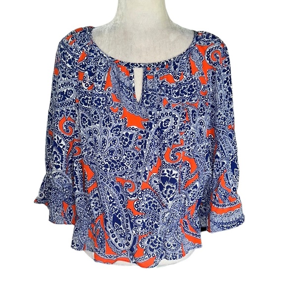 Trina Turk Tops - Trina Turk Silk Navy Blue & Orange Paisley Printed Cutout Ruffle Blouse - S